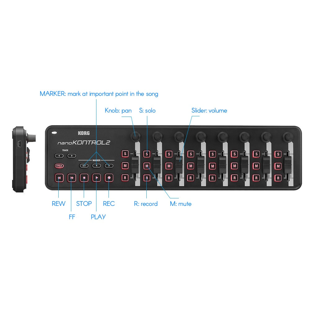 KORG nano KONTROL2 Slim-Line USB Controller Portable MIDI Control Surface with USB Cable