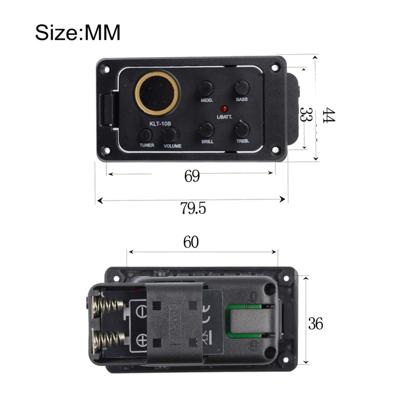 KLT-10B 4 Band EQ Equalizer Preamp Pickup with Round Screen Tuner for Travel Guitar 36 and 38 Guitar Black