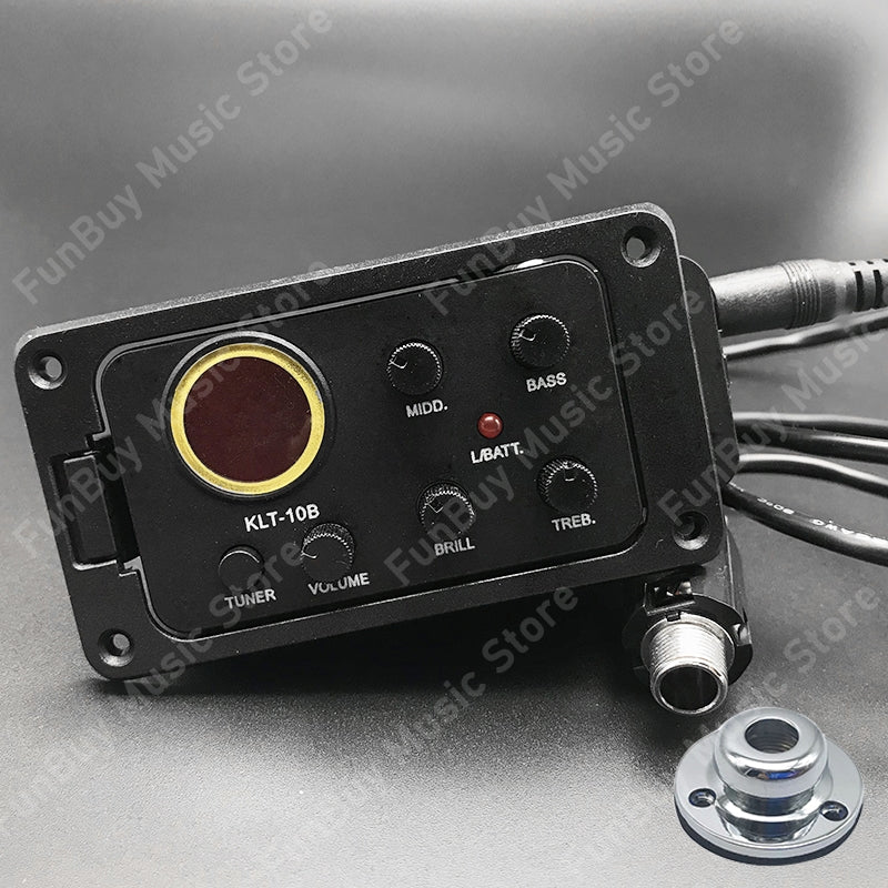 KLT-10B 4 Band Acoustic Guitar Pickup EQ Preamp with Round Screen Tuner for Travel Guitar 36 and 38 Guitar Drop shipping