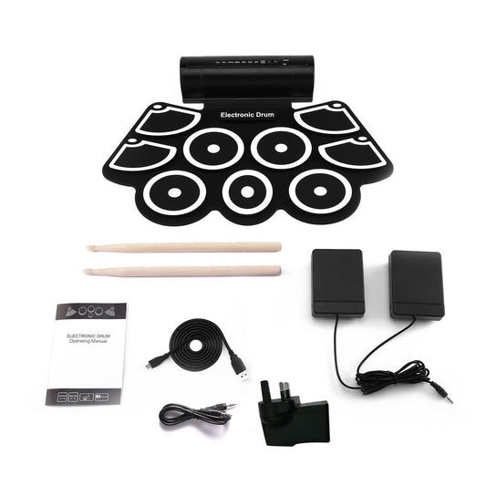 Portable Silicone USB Powered Electronic Drum Pad Kit Digital MIDI Roll-up with Drumsticks Foot Pedals Foldable