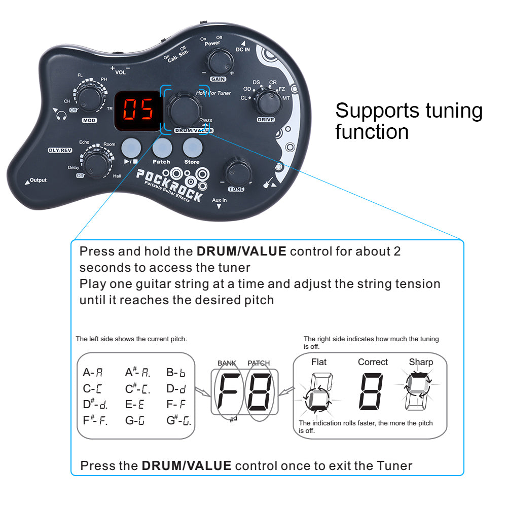 PockRock Guitar Multi-effects Processor Effect Pedal Guitar Pedal 15 Effect Types 40 Drum Rhythms with Power Adapter Hot