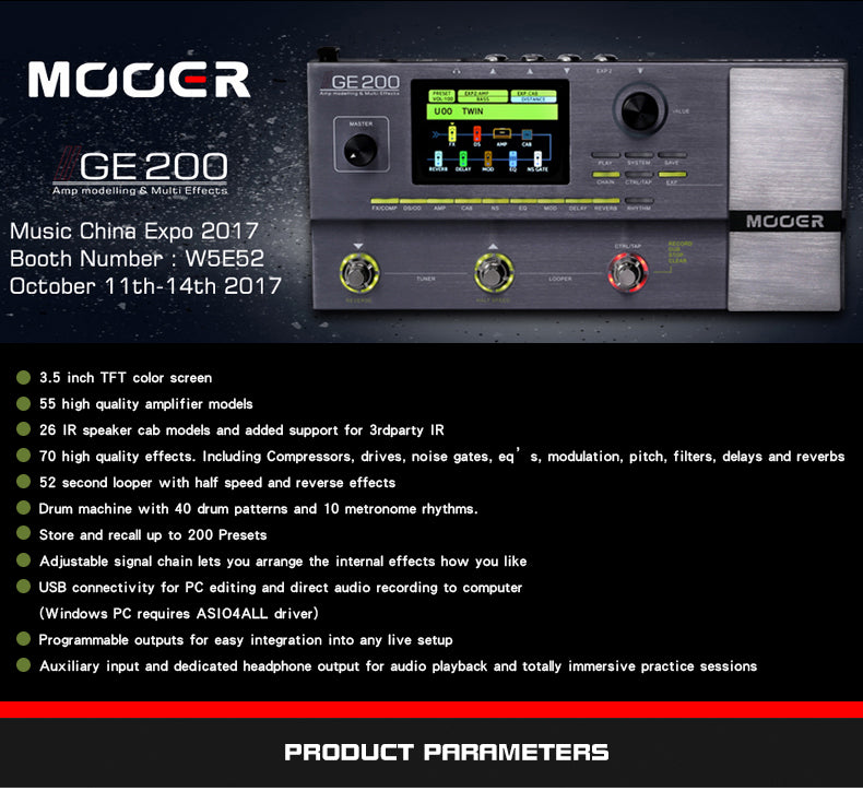 MOOER GE200 Amp Modelling Multi-effects Processor Digital Guitar Effect Pedal 55 Amplifier Models 70 Effects 52 Second Looper