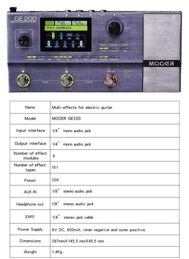 MOOER GE200 Amp Modelling Multi-effects Processor Digital Guitar Effect Pedal 55 Amplifier Models 70 Effects 52 Second Looper