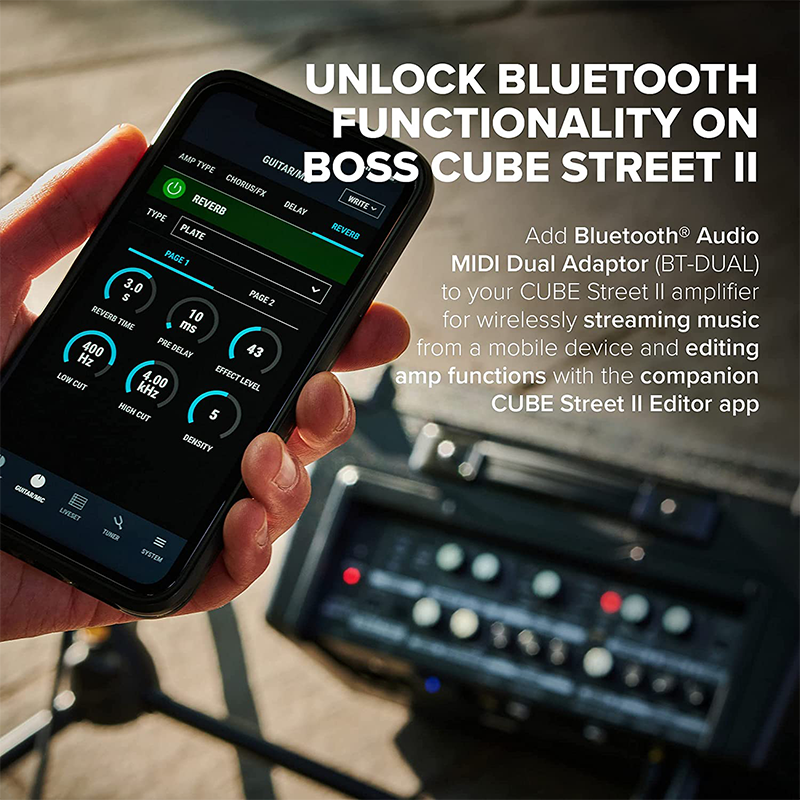 BOSS Bluetooth Audio MIDI Adaptor BT-DUAL Brings Bluetooth Audio and MIDI Capabilities to CUBE Street II CUBE-ST2 Amplifier