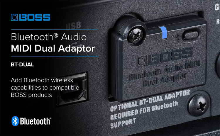 BOSS Bluetooth Audio MIDI Adaptor BT-DUAL Brings Bluetooth Audio and MIDI Capabilities to CUBE Street II CUBE-ST2 Amplifier